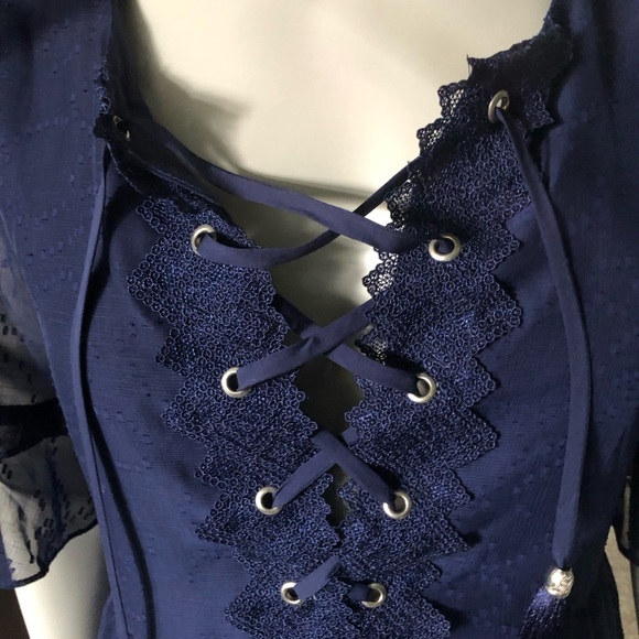 Laundry by Shelly Segal navy dress with tie neckline and shear sleeves - Picture 4 of 12